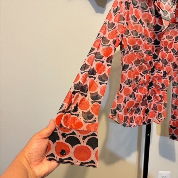 Zara Sheer Ruched Button Front Blouse Red Black Polka Dot - Picture 4 of 6